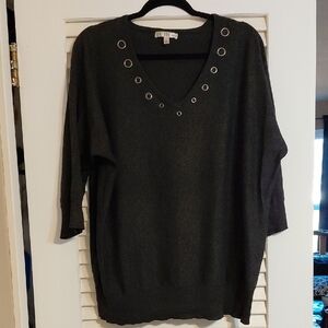 Spense Woman Size 1X Dark Gray 3/4 Sleeve V-Neck Sweater Metal Grommet Details